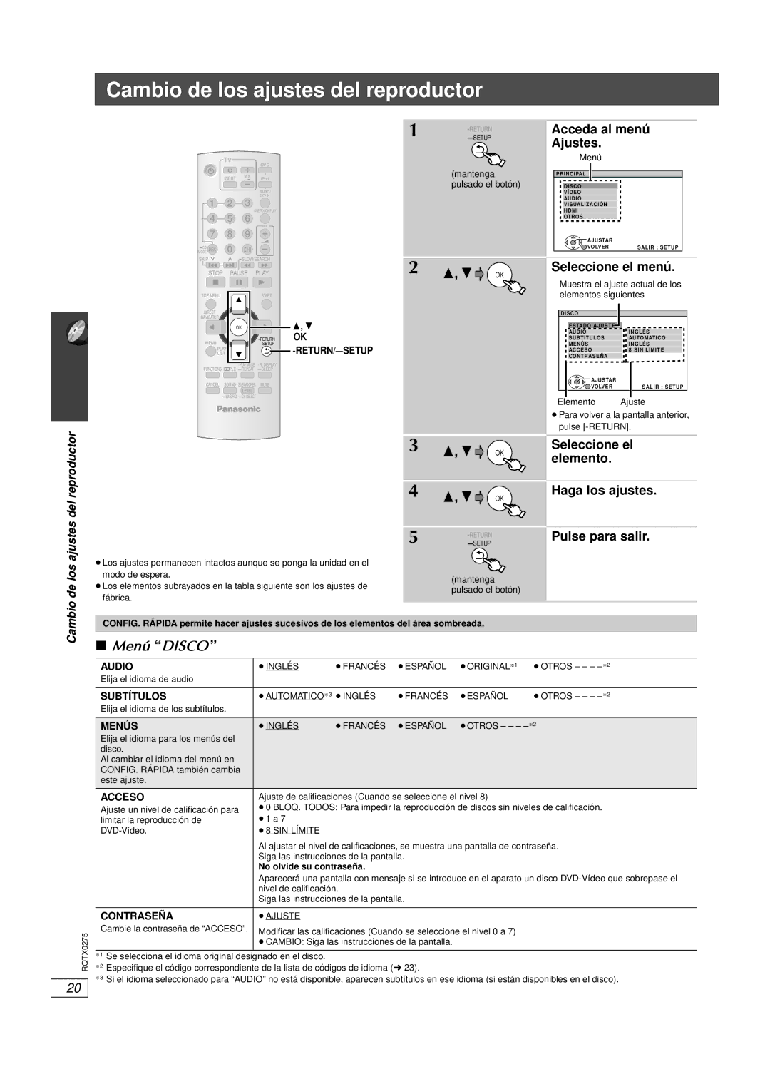 Panasonic SC-PT665 manual Cambio de los ajustes del reproductor, Menú Disco, Acceda al menú, Ajustes 