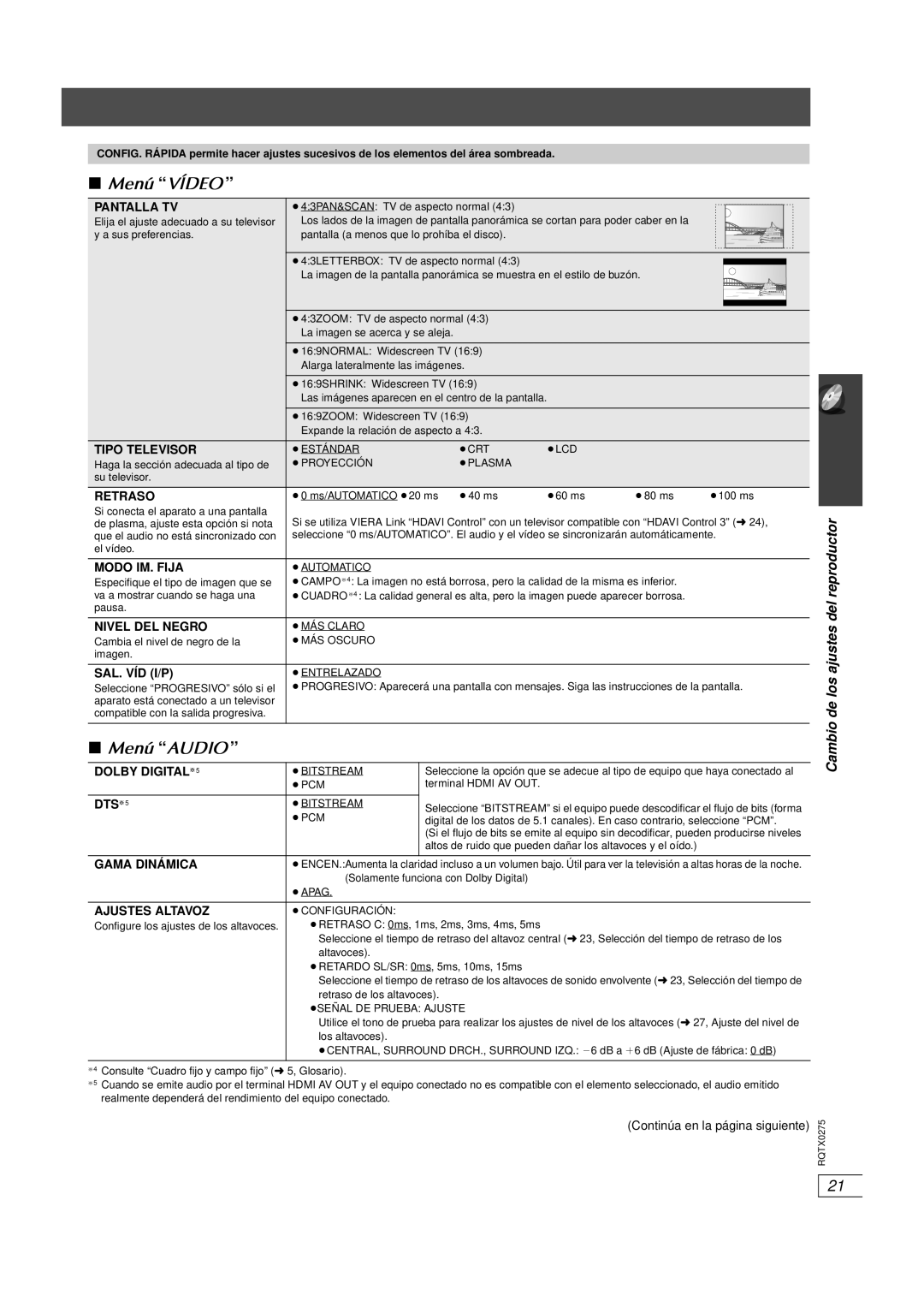 Panasonic SC-PT665 manual Menú Vídeo, Menú Audio, Cambio de los ajustes del reproductor 