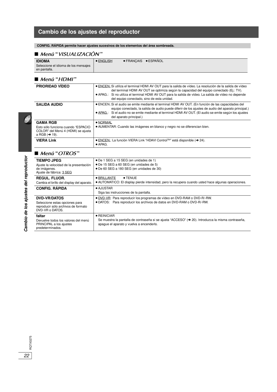 Panasonic SC-PT665 manual Menú Visualización, Menú Hdmi, Menú Otros 