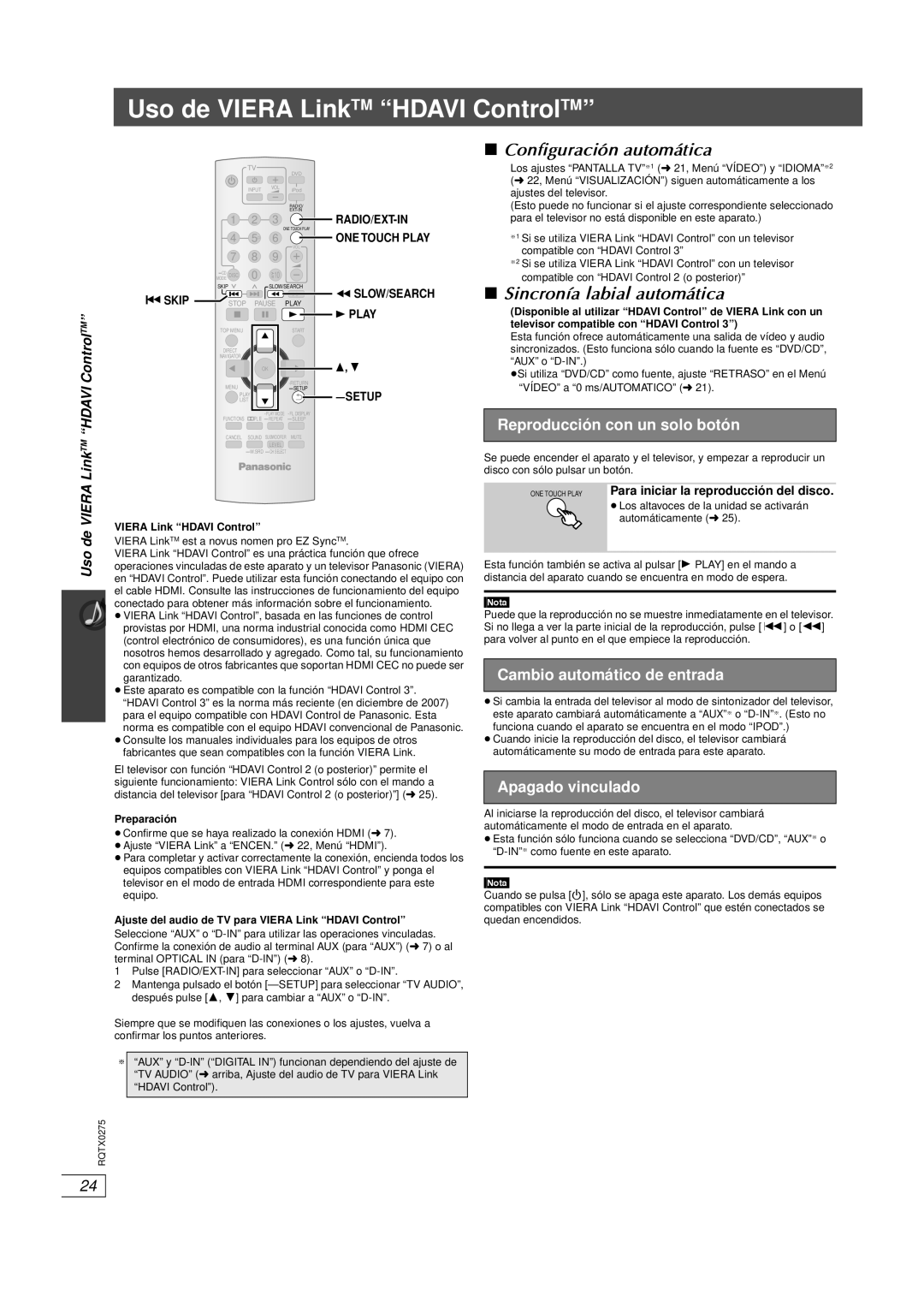 Panasonic SC-PT665 manual Uso de Viera LinkTM Hdavi ControlTM, Configuración automática, Sincronía labial automática 