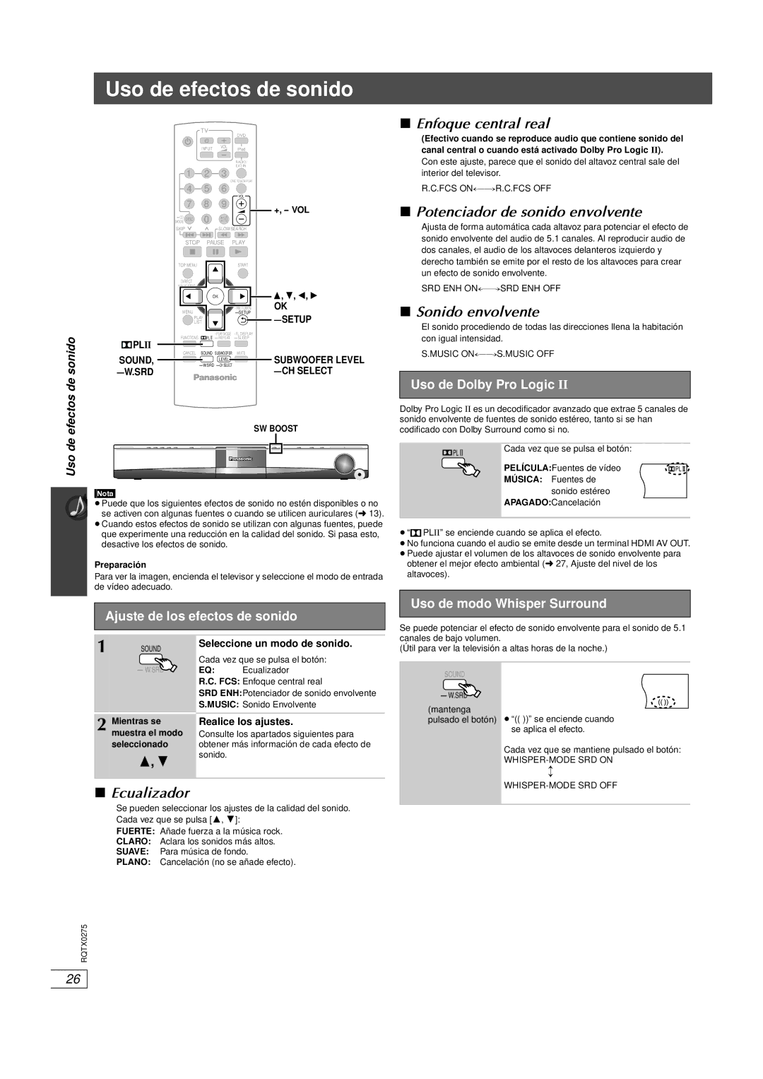 Panasonic SC-PT665 Uso de efectos de sonido, Enfoque central real, Potenciador de sonido envolvente, Sonido envolvente 