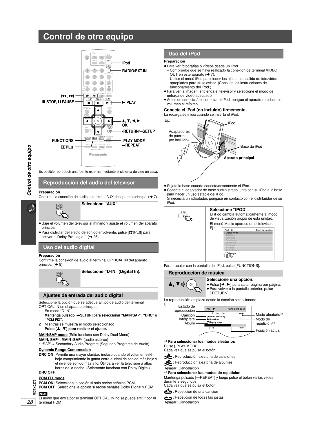 Panasonic SC-PT665 manual Control de otro equipo, Uso del iPod, Reproducción del audio del televisor, Uso del audio digital 