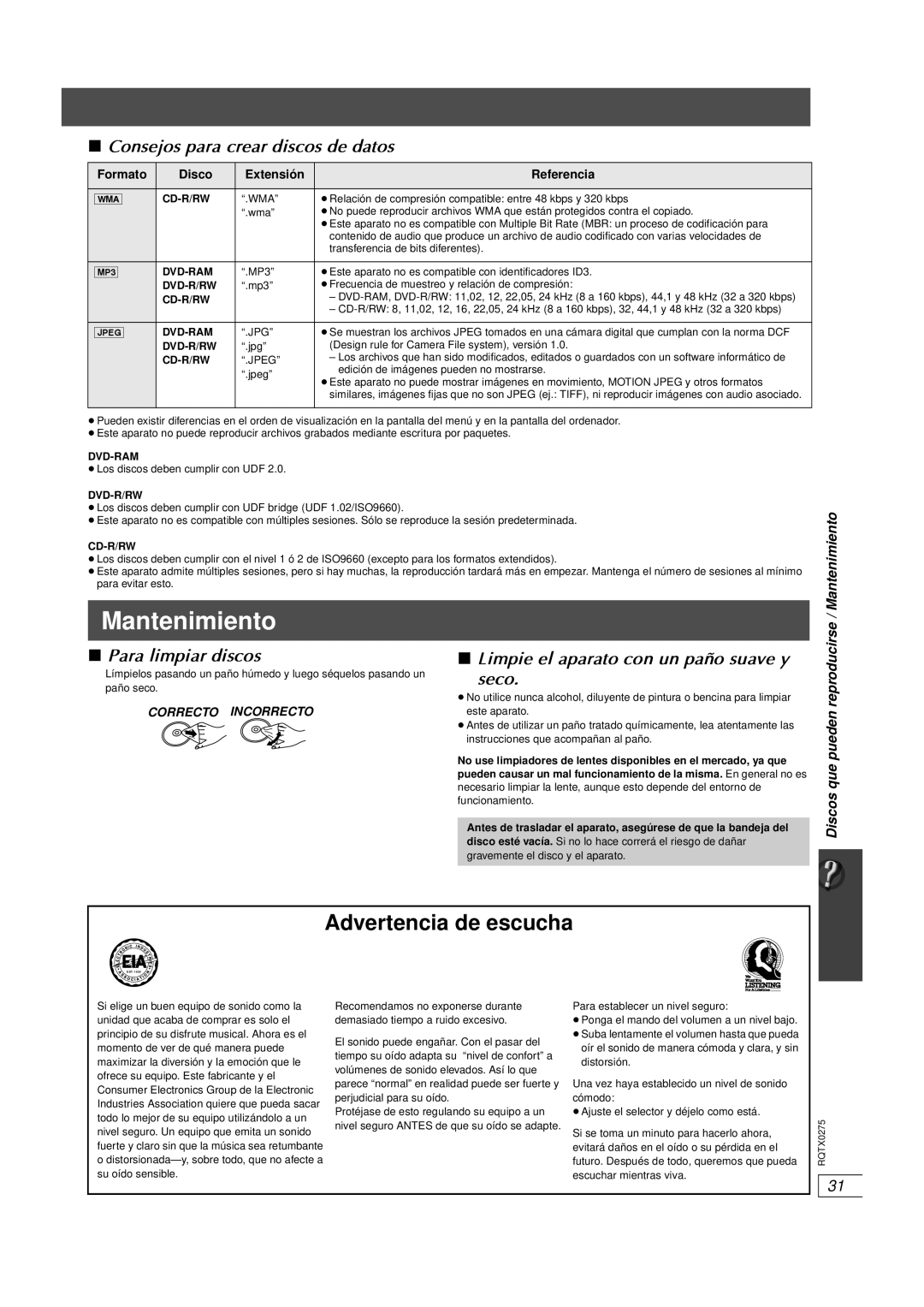 Panasonic SC-PT665 manual Mantenimiento, Consejos para crear discos de datos, Para limpiar discos 