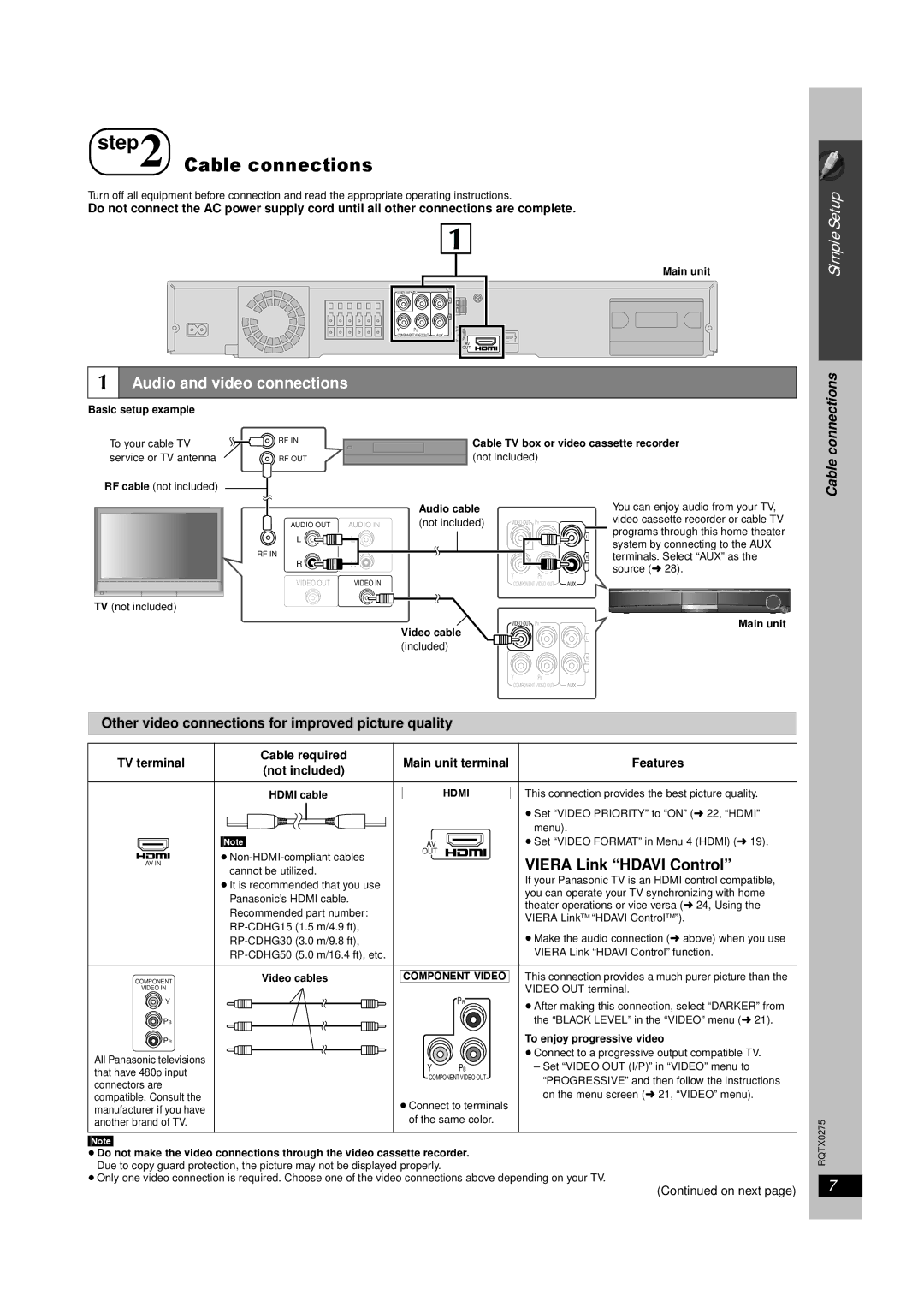 Panasonic SC-PT665 manual Cable connections, Audio and video connections, Viera Link Hdavi Control 