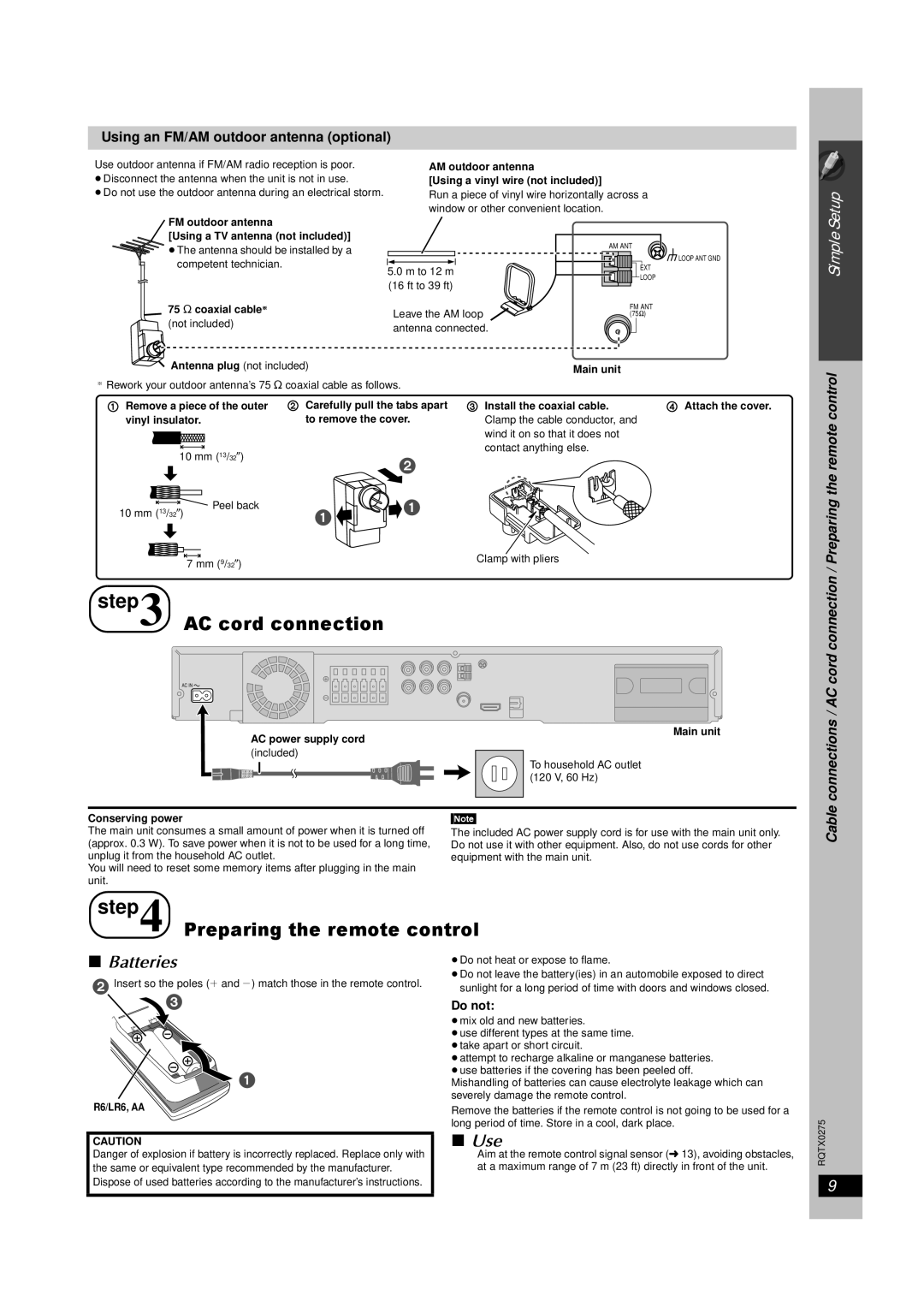 Panasonic SC-PT665 manual AC cord connection, Preparing the remote control, Batteries, Use 