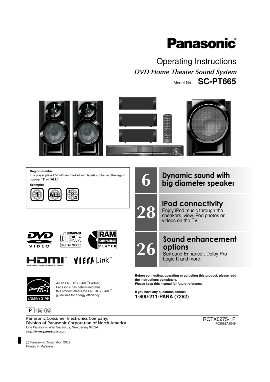Panasonic SC-PT665 manual Operating Instructions, iPod connectivity, options, DVD Home Theater Sound System, 1 ALL, P pr 