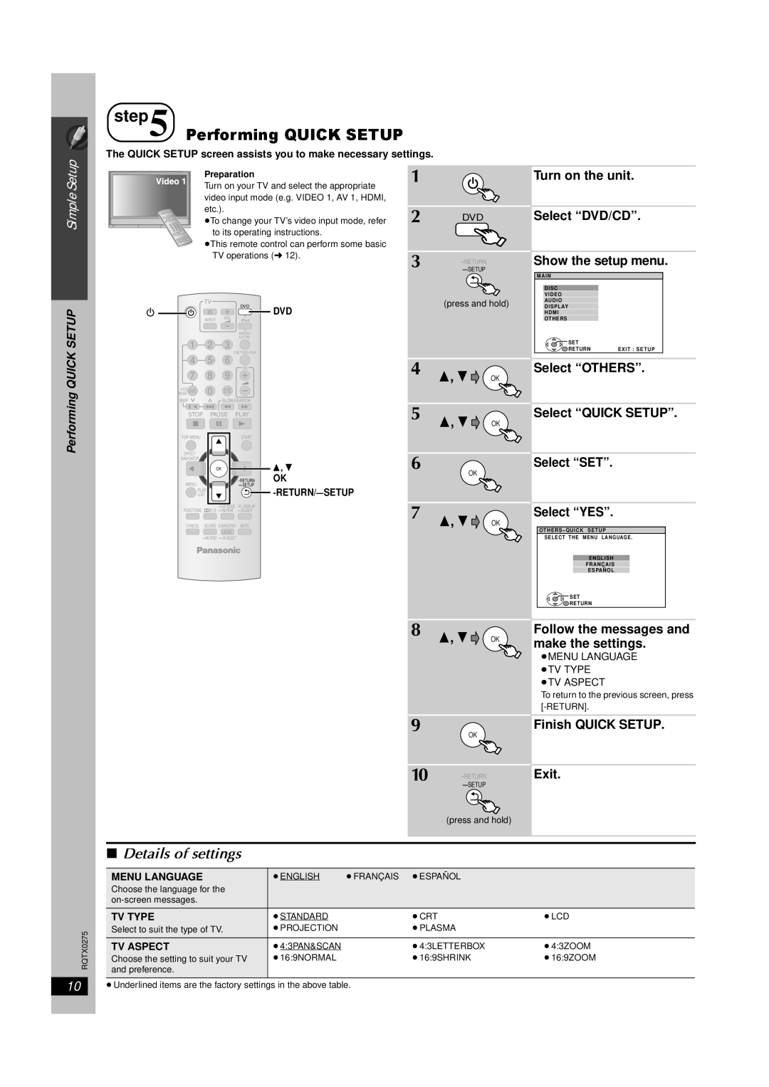 Panasonic SC-PT665 manual ∫ Details of settings, Performing QUICK SETUP 