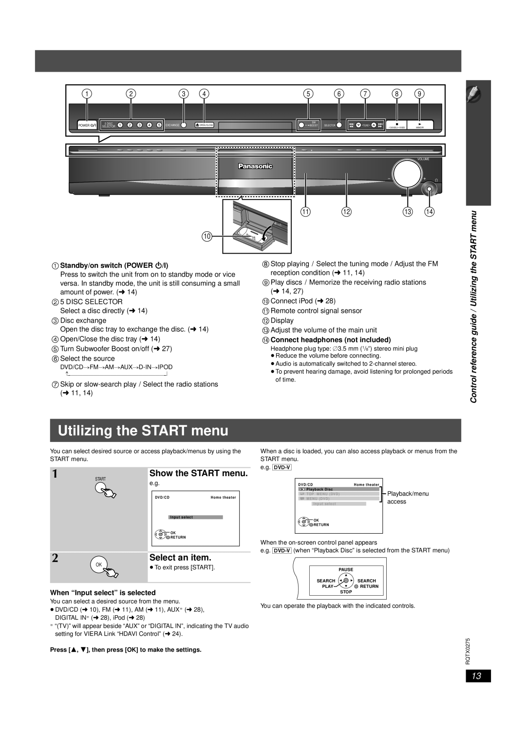 Panasonic SC-PT665 manual Utilizing the START menu, Select an item, Show the START menu 