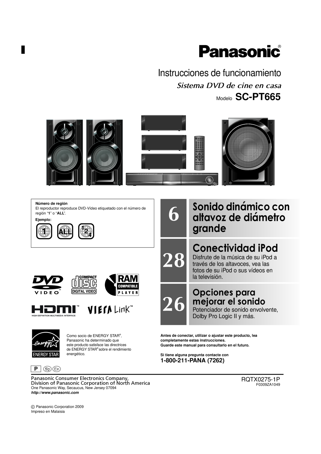 Panasonic manual Instrucciones de funcionamiento, Modelo SC-PT665, Sonido dinámico con, Opciones para, mejorar el sonido 