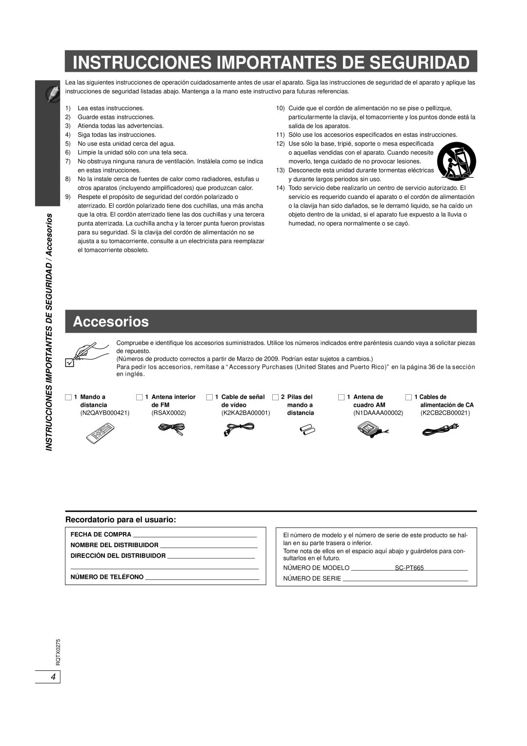 Panasonic SC-PT665 manual Instrucciones Importantes De Seguridad, SEGURIDAD / Accesorios, Recordatorio para el usuario 