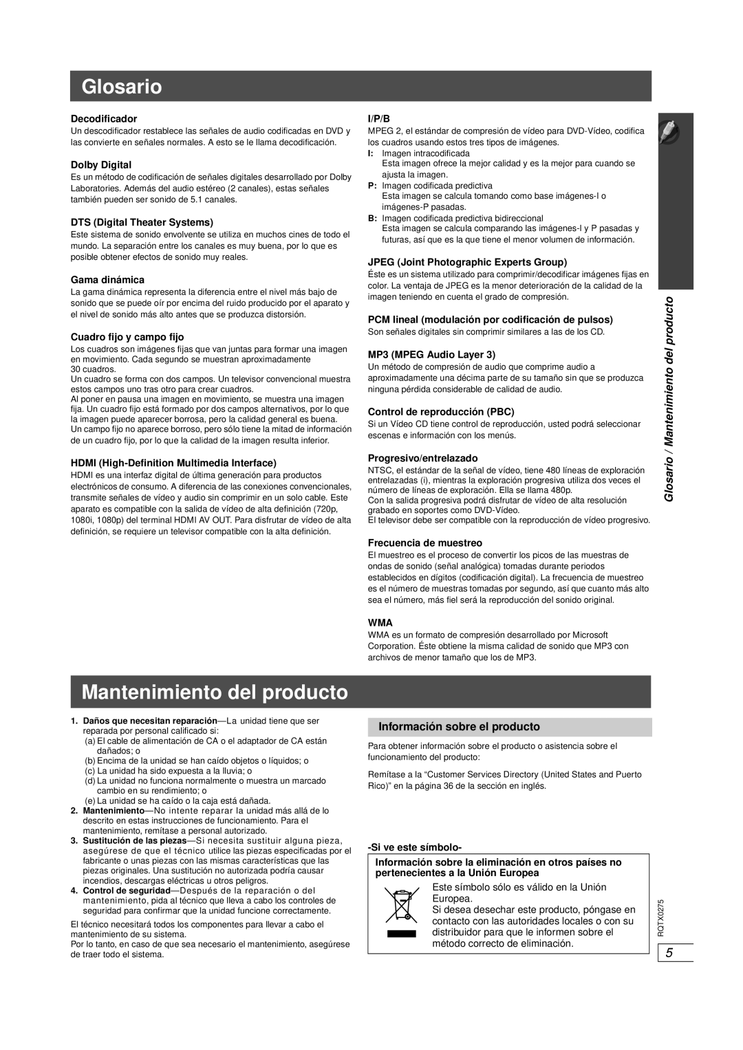 Panasonic SC-PT665 manual Glosario, Mantenimiento del producto, Información sobre el producto 