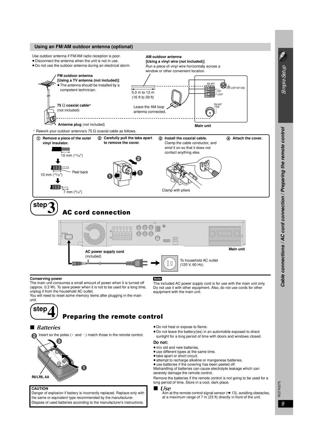 Panasonic SC-PT665 manual AC cord connection, Preparing the remote control, ∫Batteries, ∫ Use, Simple Setup 