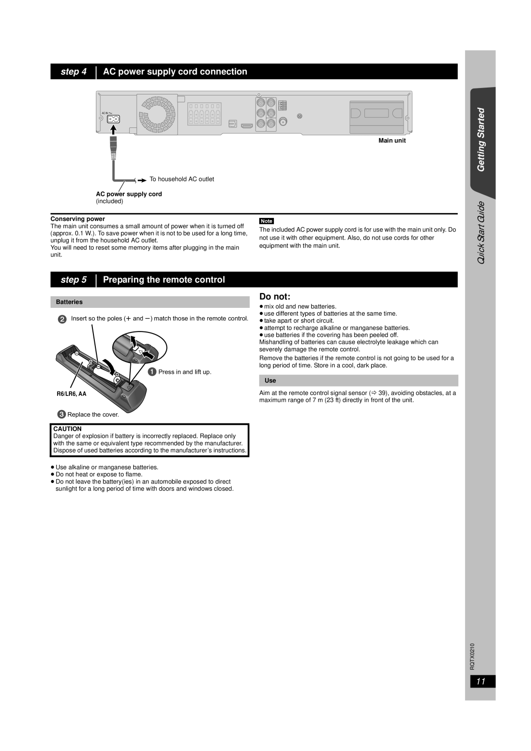 Panasonic SC-PT673, SC-PT670 manual Step AC power supply cord connection, Do not, Preparing the remote control 