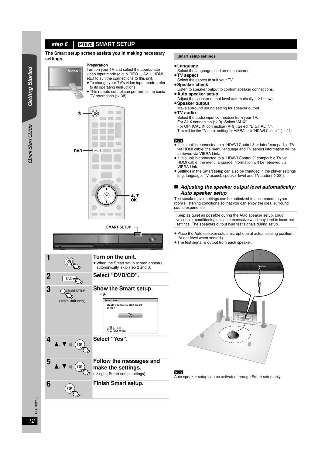 Panasonic SC-PT670, SC-PT673 manual Turn on the unit, Select DVD/CD Show the Smart setup, Select Yes, Finish Smart setup 