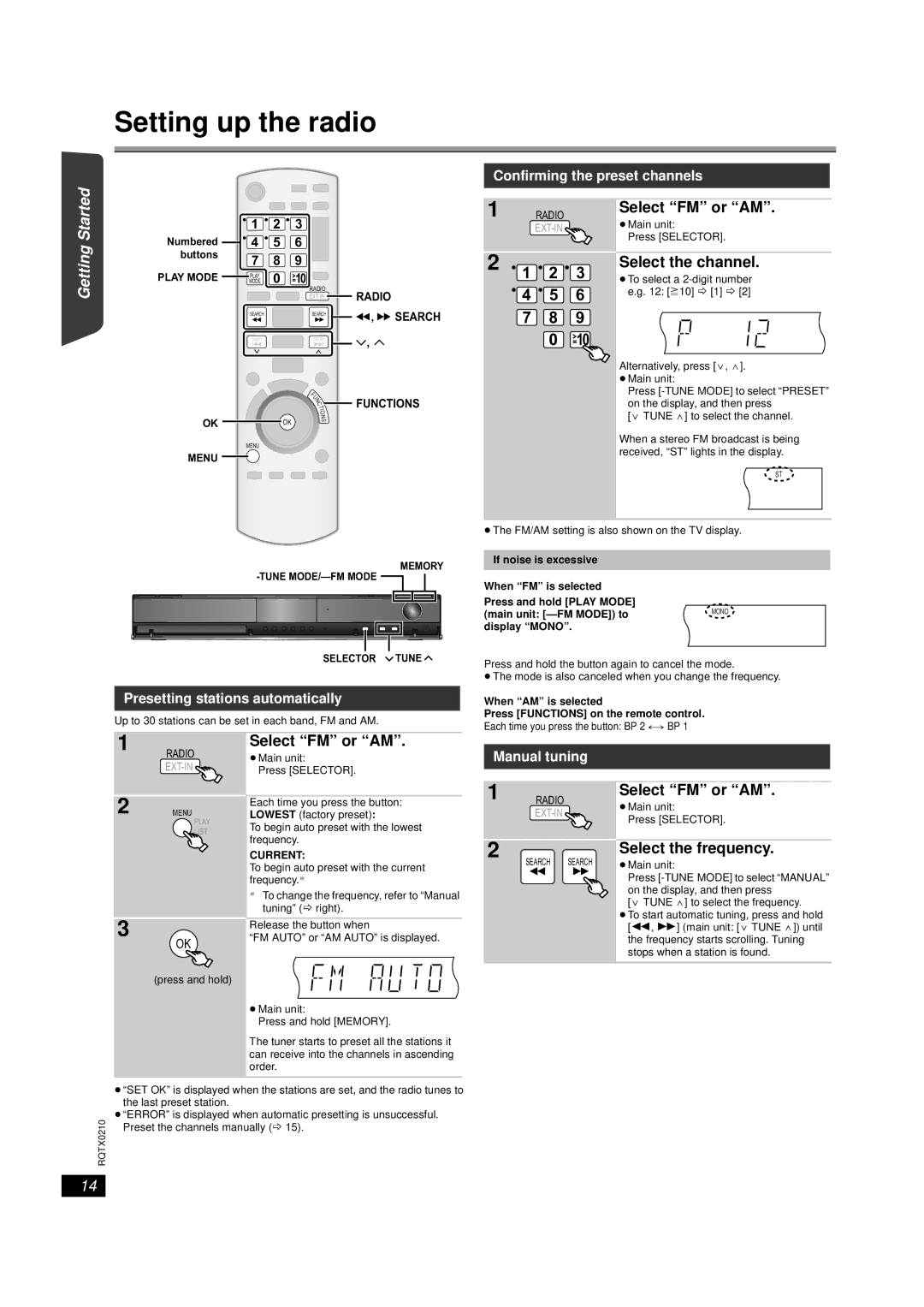 Panasonic SC-PT670, SC-PT673 manual Setting up the radio, Select FM or AM, Select the channel, Select the frequency 