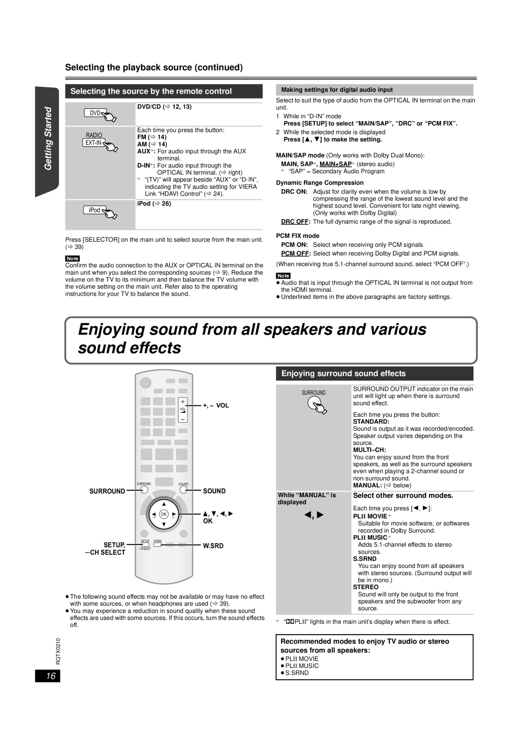 Panasonic SC-PT670 Selecting the playback source, Selecting the source by the remote control, Select other surround modes 