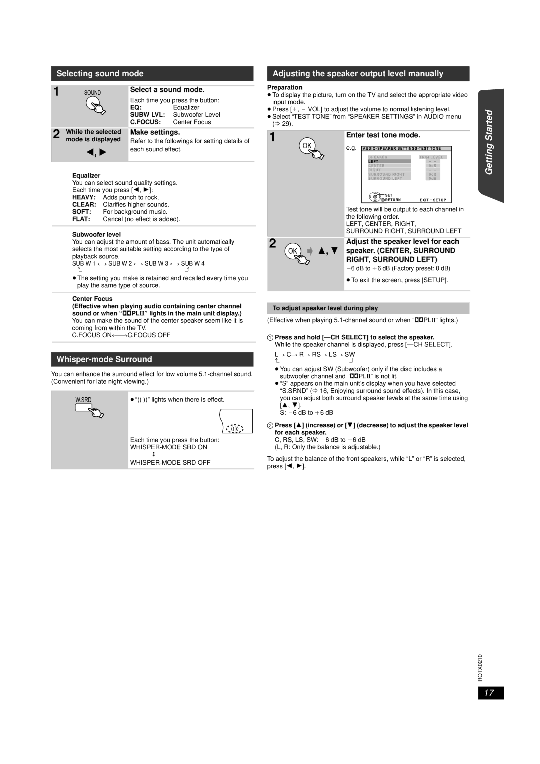 Panasonic SC-PT673, SC-PT670 manual Getting, Whisper-mode Surround, RIGHT, Surround Left 