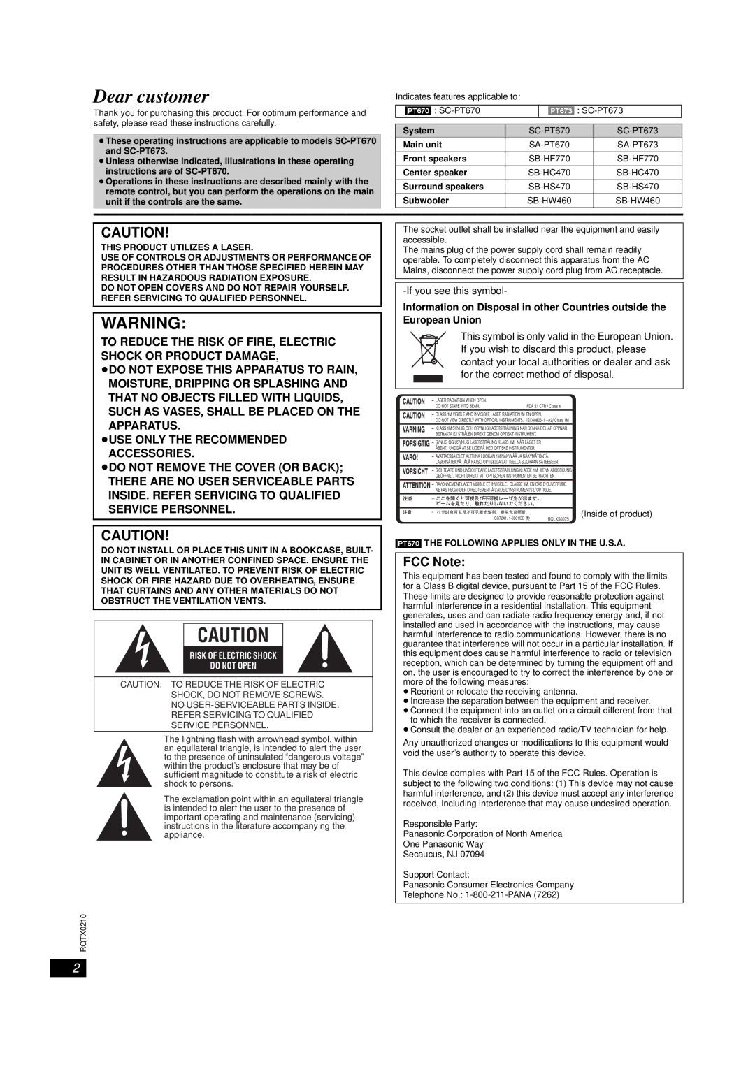 Panasonic SC-PT670, SC-PT673 manual FCC Note, PT670 the Following Applies only in the U.S.A 