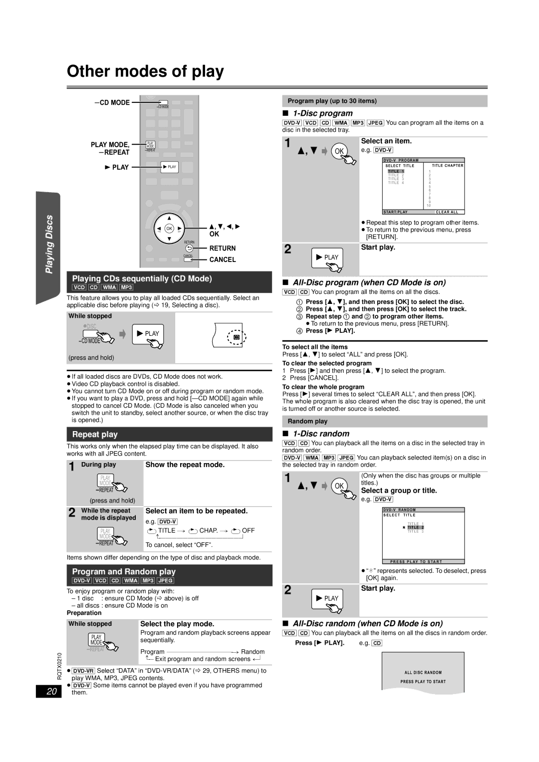 Panasonic SC-PT670, SC-PT673 manual Other modes of play, Discs Playing, Playing CDs sequentially CD Mode, Repeat play 