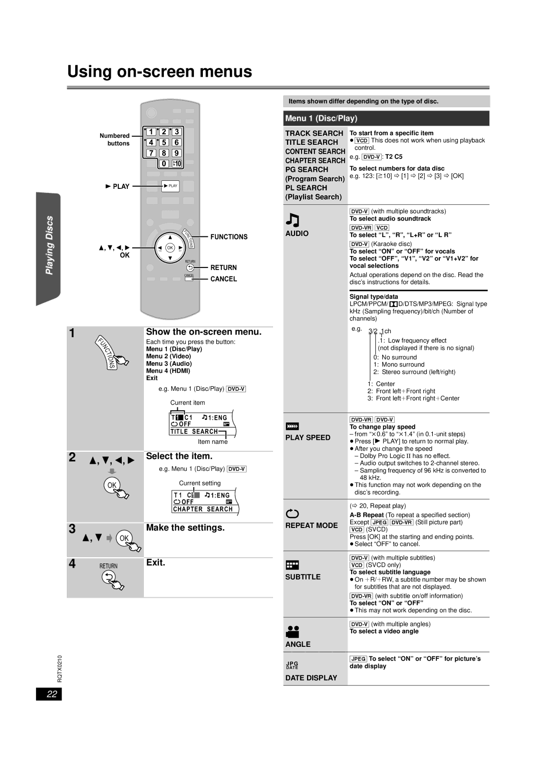 Panasonic SC-PT670, SC-PT673 manual Using on-screen menus, Show the on-screen menu, Select the item, Make the settings Exit 