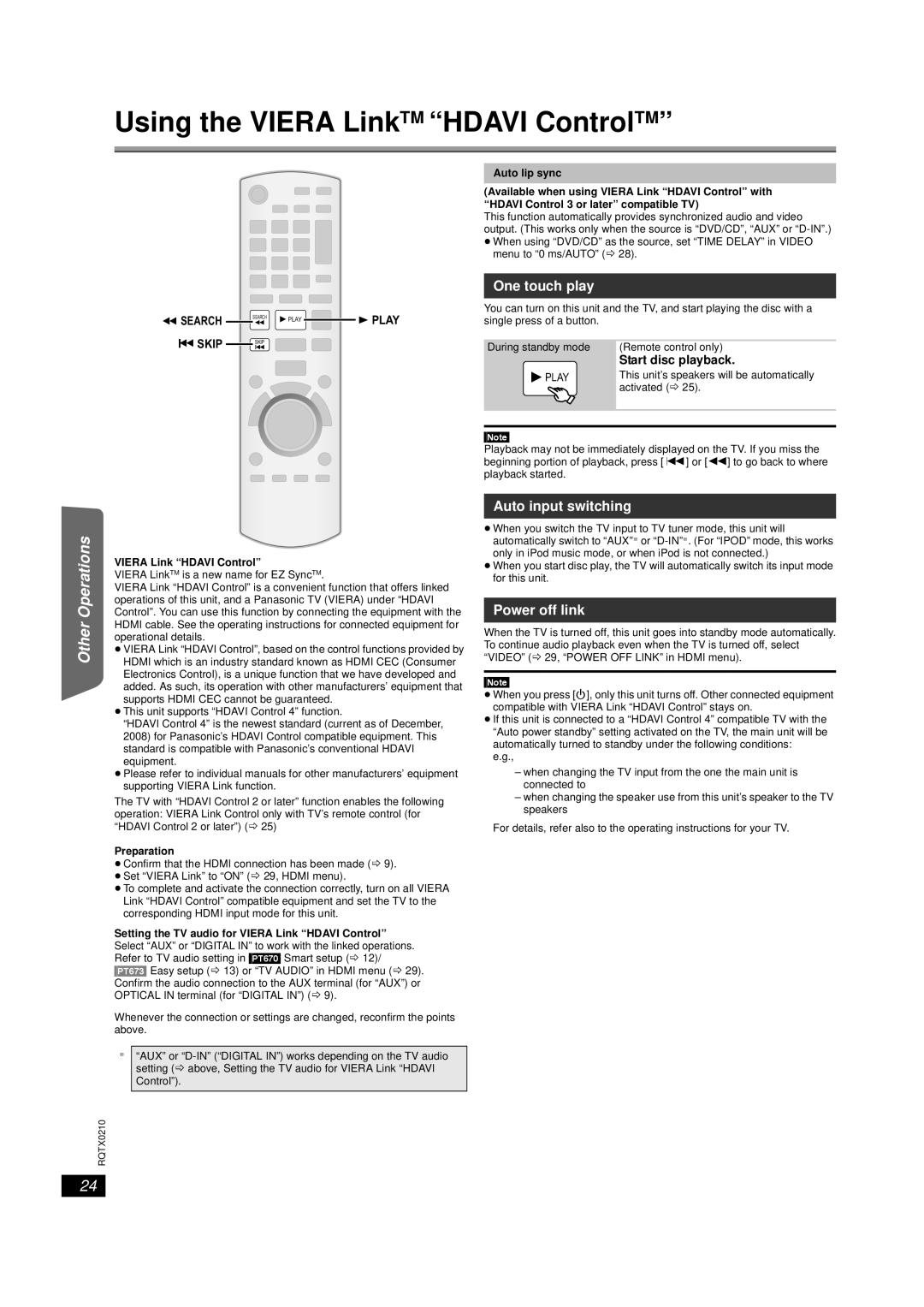 Panasonic SC-PT670 Using the Viera LinkTM Hdavi ControlTM, Playing Discs Operations, One touch play, Auto input switching 