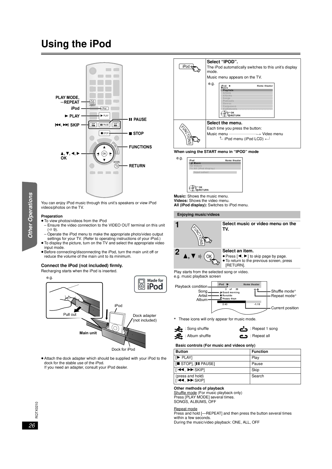 Panasonic SC-PT670 Using the iPod, Connect the iPod not included firmly, Select the menu, Select music or video menu on 