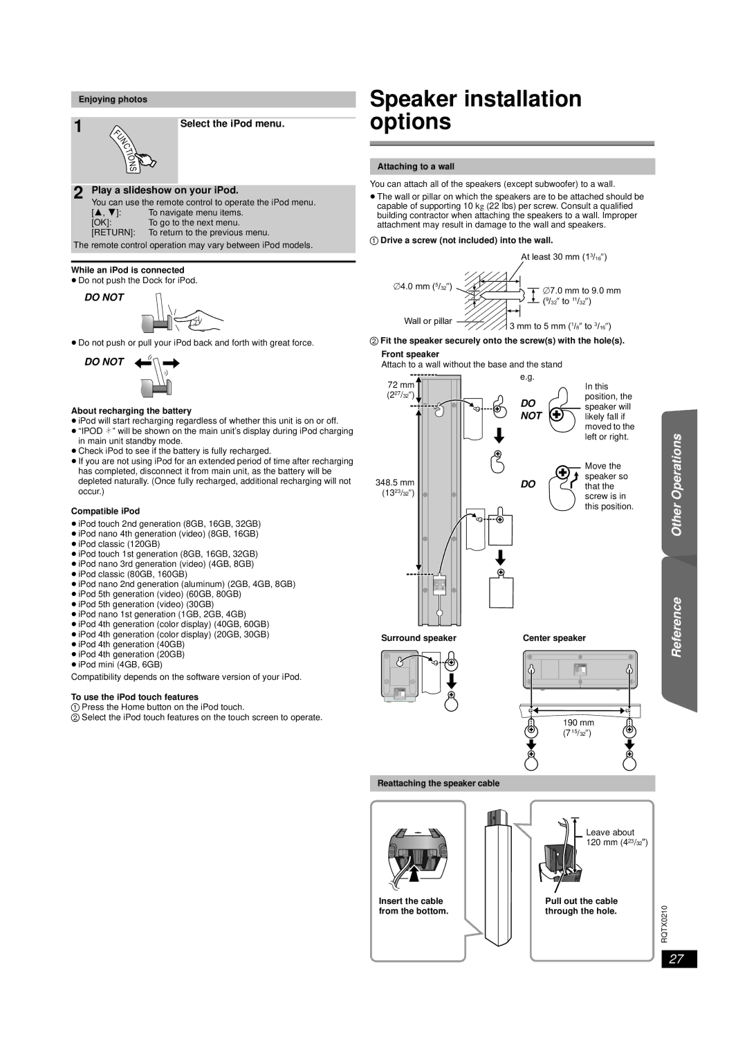 Panasonic SC-PT673, SC-PT670 manual Speaker installation options, Select the iPod menu, Play a slideshow on your iPod 