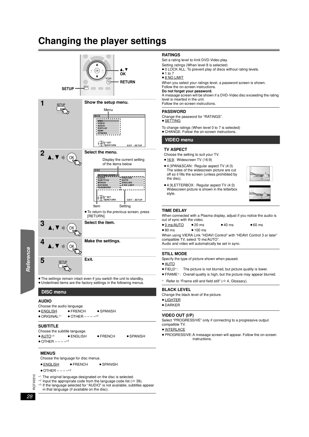 Panasonic SC-PT670, SC-PT673 manual Changing the player settings, Video menu, Disc menu 