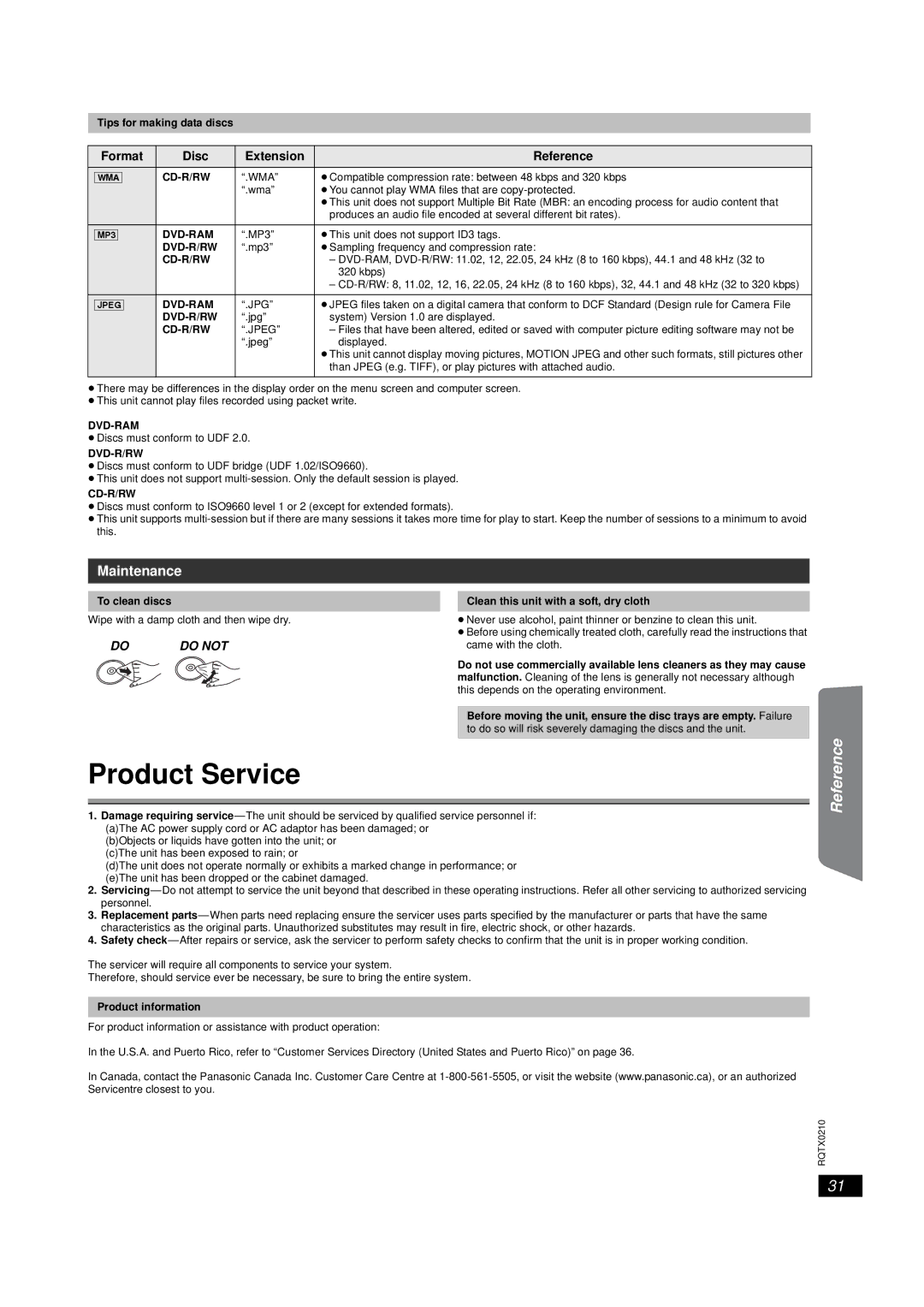 Panasonic SC-PT673, SC-PT670 manual Product Service, Maintenance, Format Disc Extension Reference, Cd-R/Rw, Dvd-R/Rw 