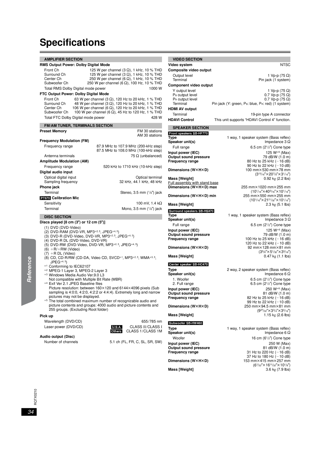 Panasonic SC-PT670, SC-PT673 manual Specifications 