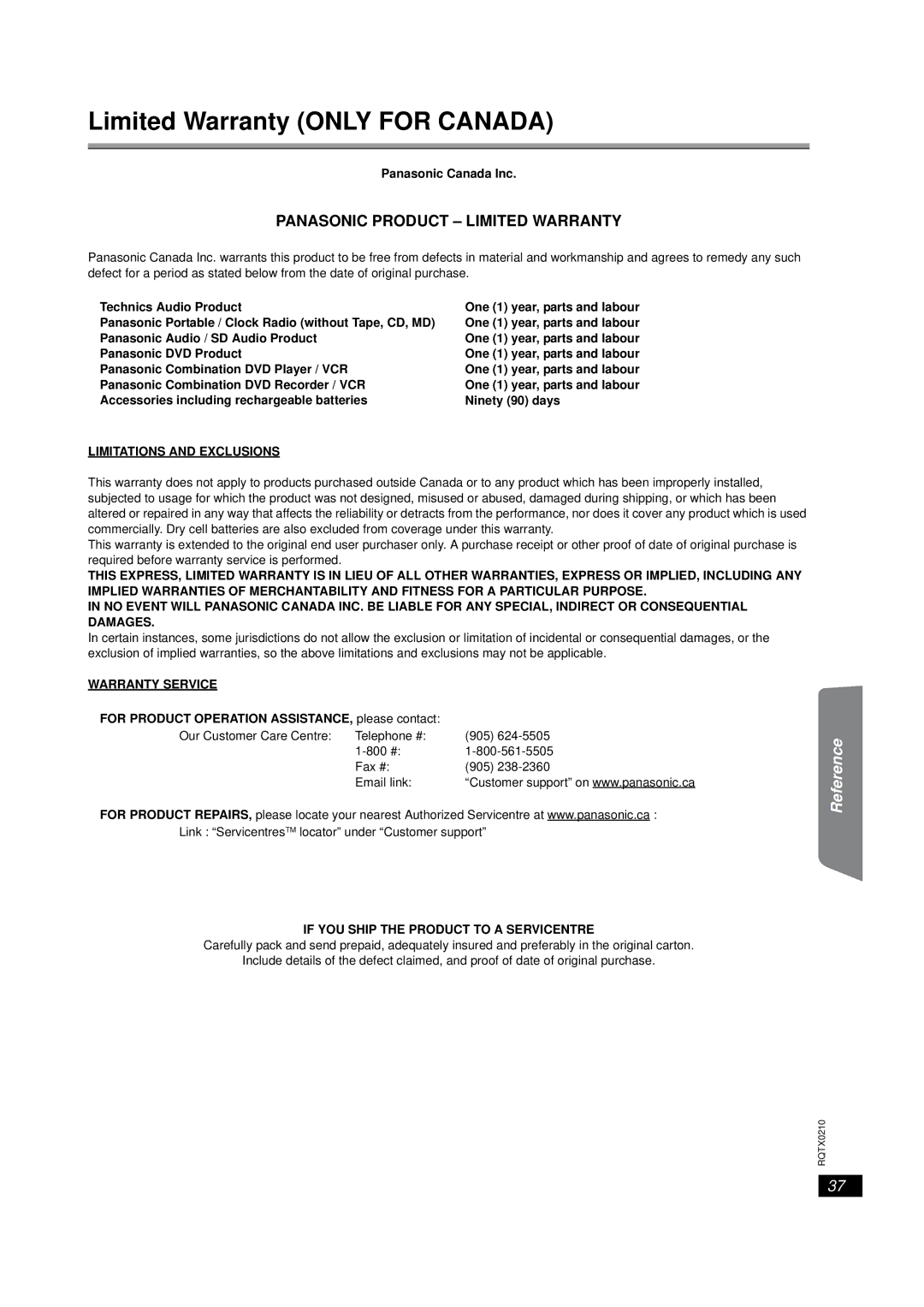 Panasonic SC-PT673, SC-PT670 manual Limitations and Exclusions, Warranty Service, If YOU Ship the Product to a Servicentre 