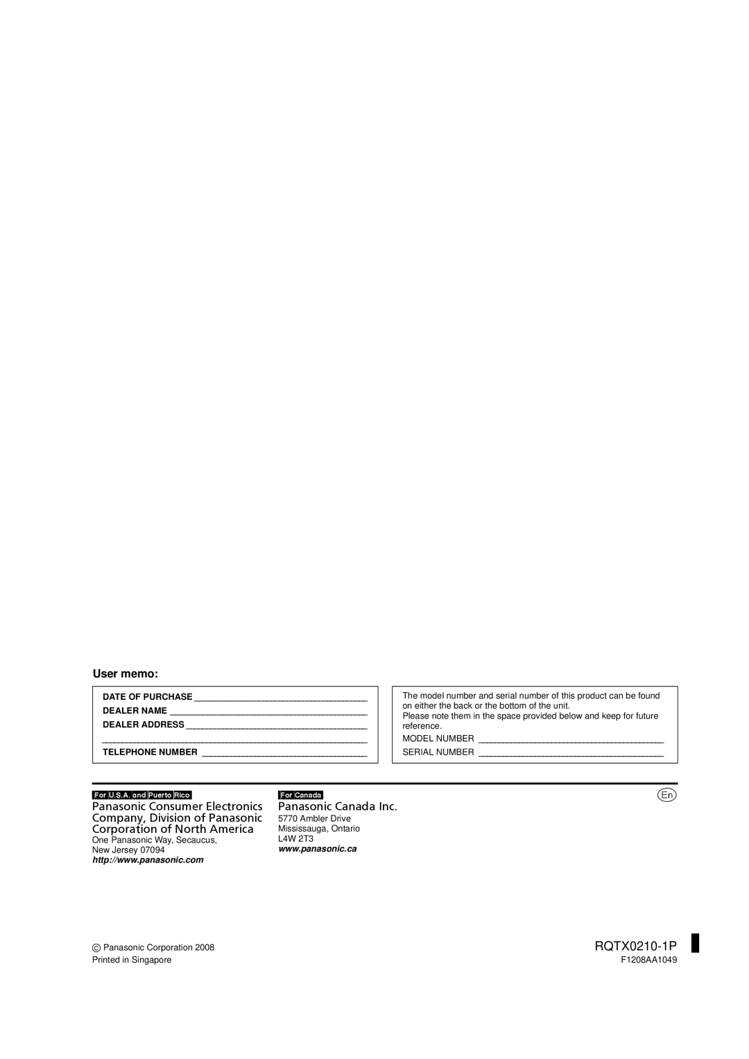 Panasonic SC-PT670 manual Model Number Serial Number ForU.S.A.andPuertoRico ForCanada, Ambler Drive, Mississauga, Ontario 