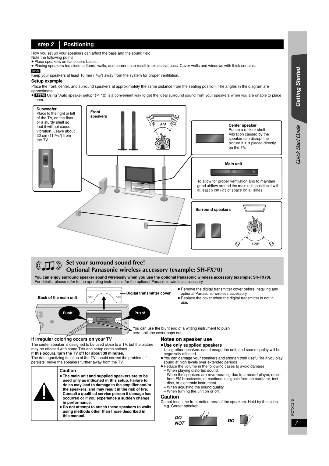 Panasonic SC-PT673 Step Positioning, Setup example, If irregular coloring occurs on your TV, ≥Use only supplied speakers 