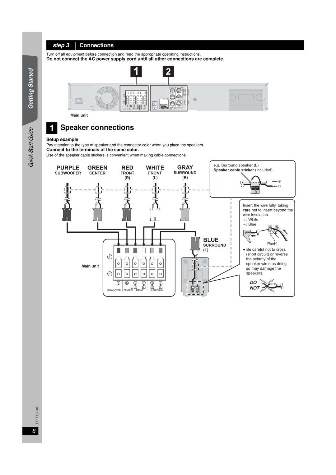 Panasonic SC-PT670 manual Step Connections, Connect to the terminals of the same color, Subwoofer Center Front, Surround 