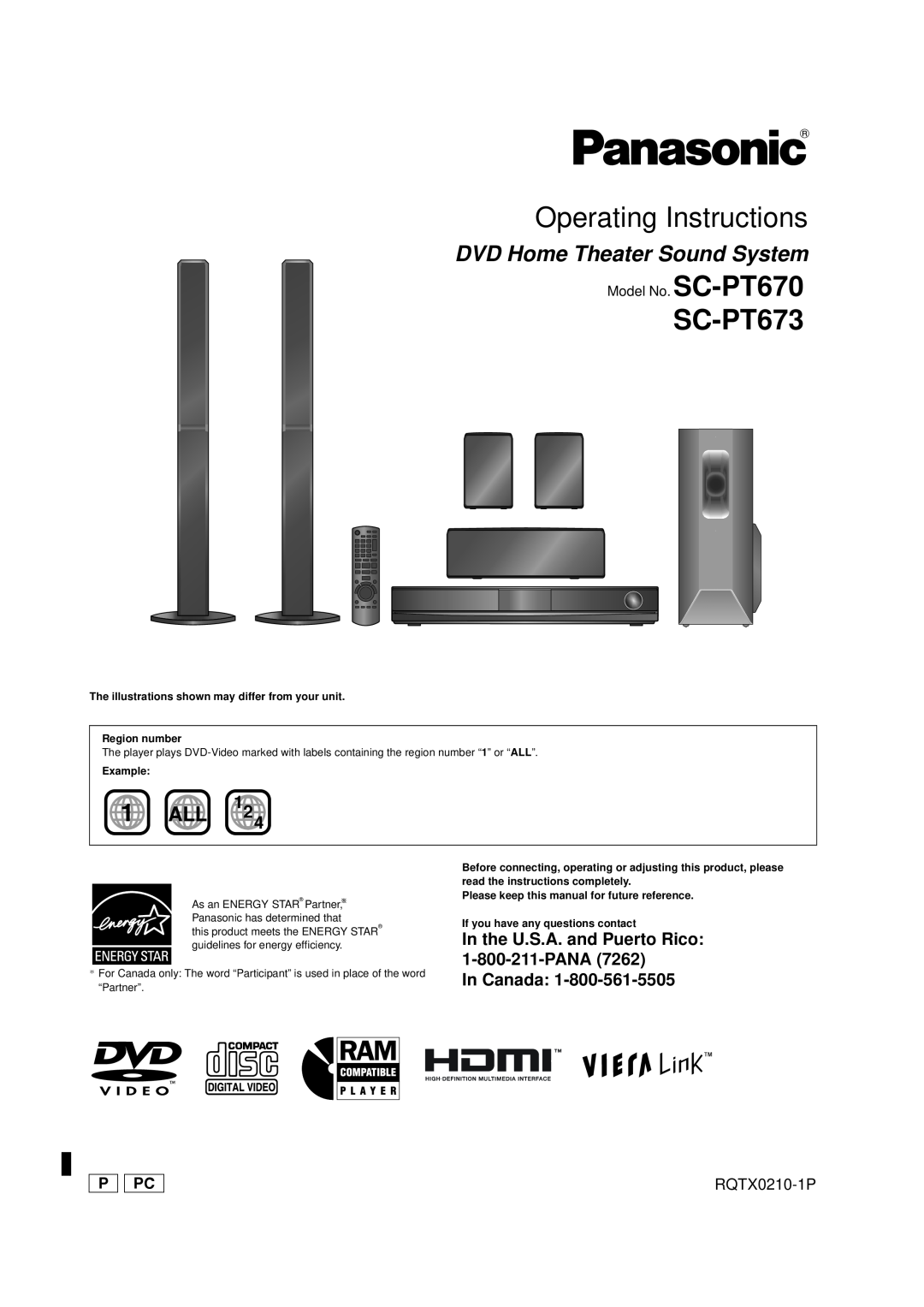 Panasonic SC-PT673 manual DVD Home Theater Sound System, In Canada, RQTX0210-1P, Operating Instructions, 1 ALL, P Pc 