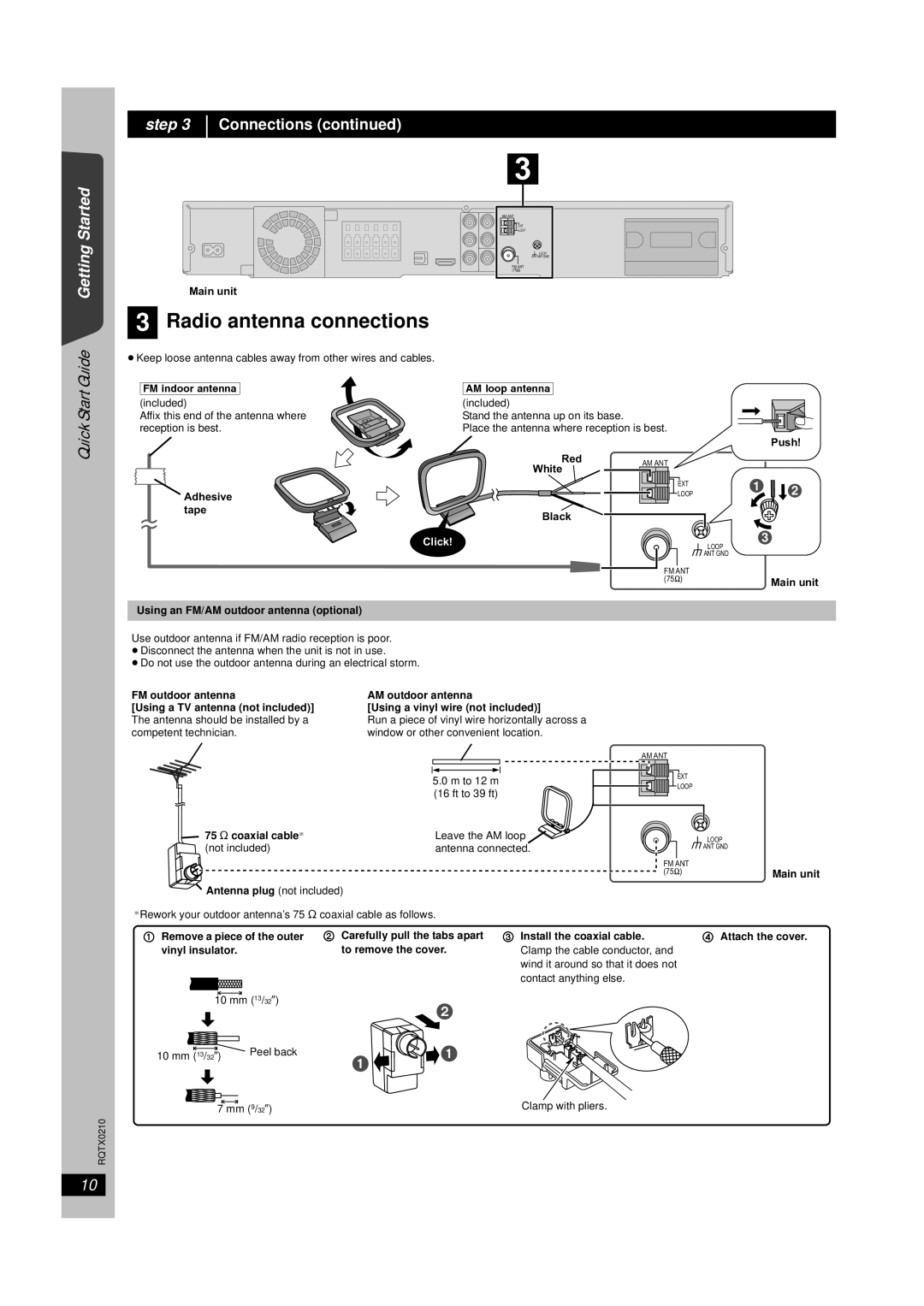 Panasonic SC-PT670 manual Radio antenna connections, Guide Getting Started, Connections continued, Quick Start, step, Click 