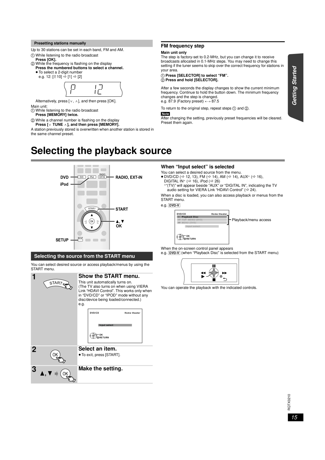 Panasonic SC-PT673 Selecting the playback source, Getting Started Discs, Playing, Operations, Other, FM frequency step 