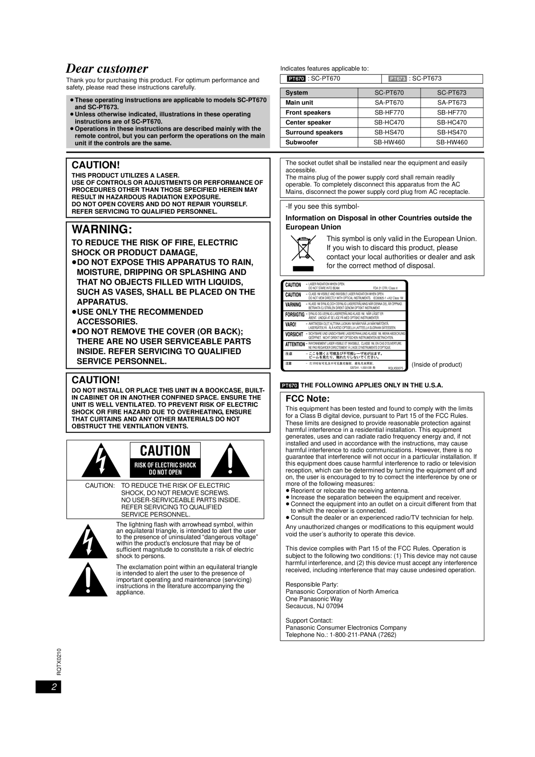 Panasonic SC-PT670, SC-PT673 manual FCC Note, ≥Do Not Expose This Apparatus To Rain, ≥Use Only The Recommended Accessories 