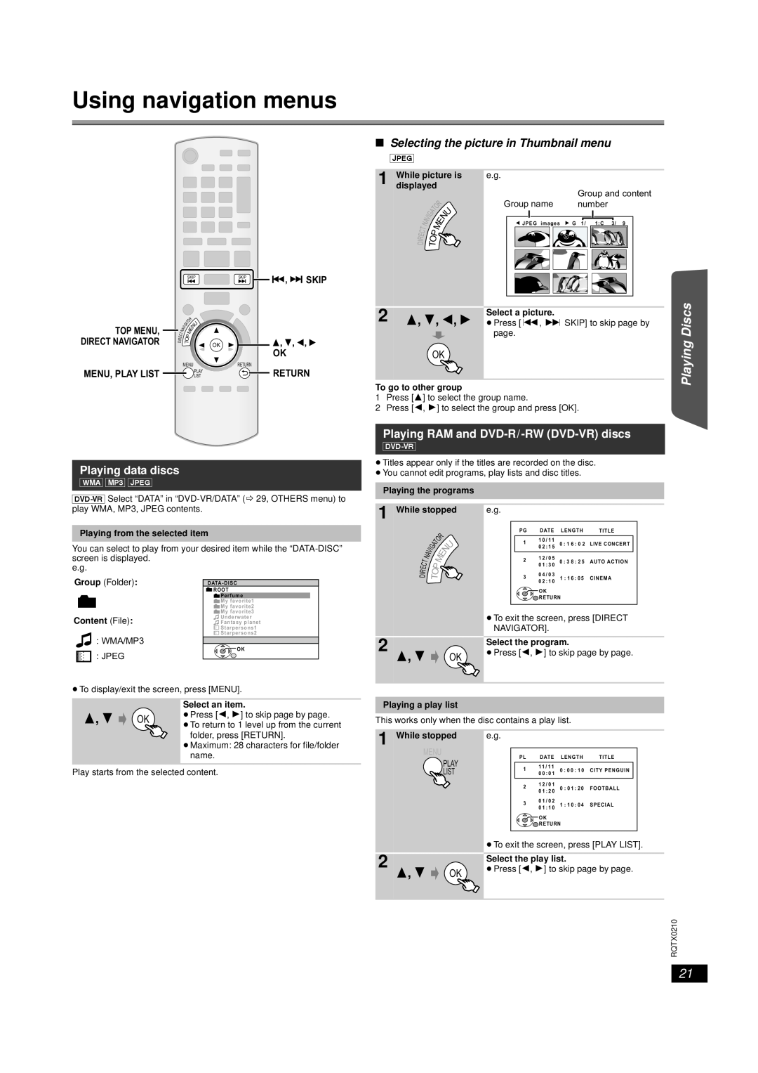 Panasonic SC-PT673 Using navigation menus, Playing data discs, Selecting the picture in Thumbnail menu, Other, Top Menu 