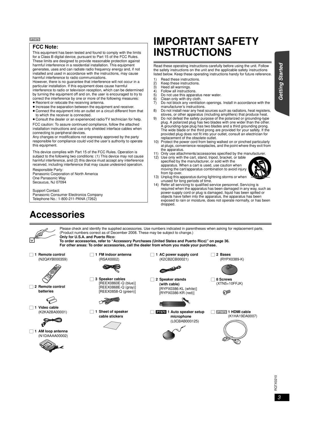 Panasonic SC-PT673 Accessories, Getting Started Playing Discs Operations, Other Reference, Important Safety Instructions 