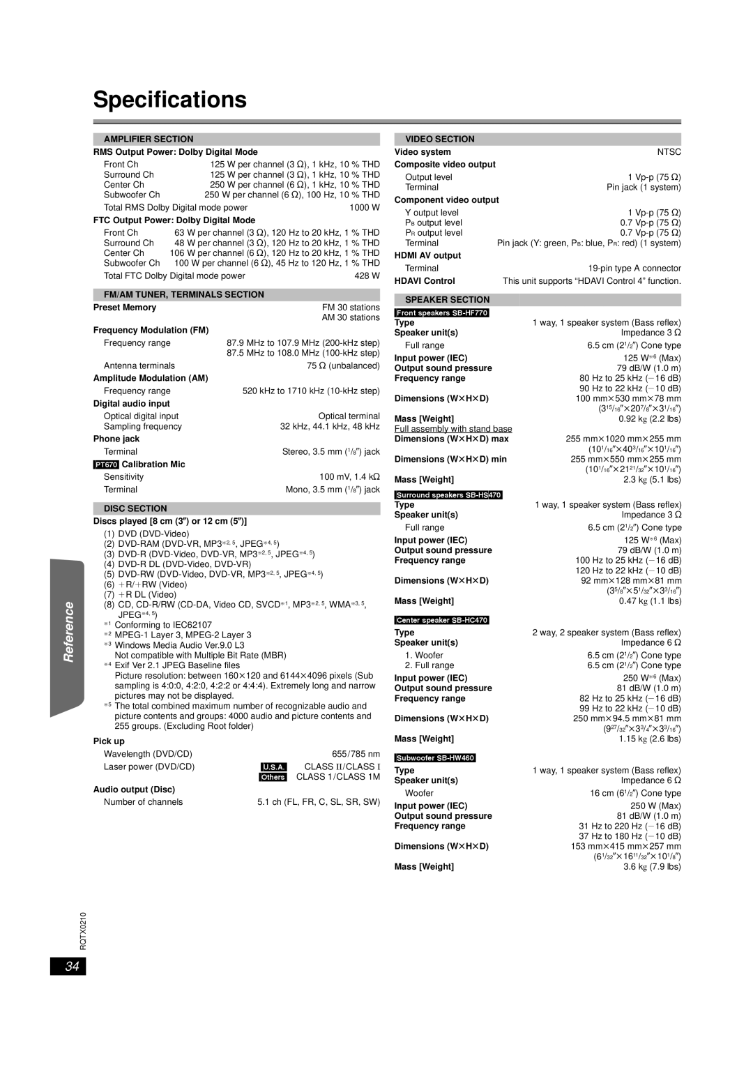 Panasonic SC-PT670, SC-PT673 manual Specifications, Getting Started Playing Discs Other Operations, Reference 