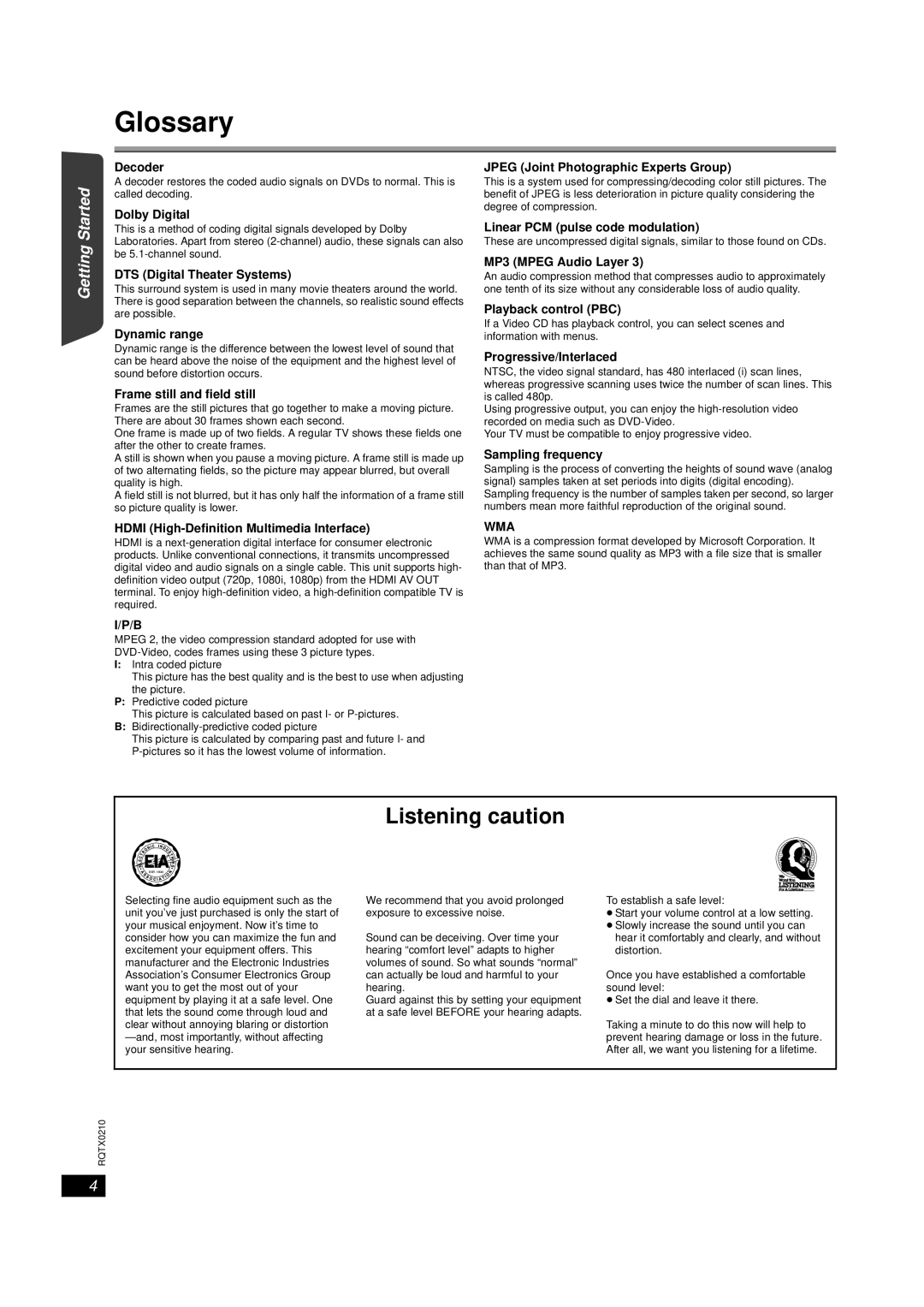 Panasonic SC-PT670, SC-PT673 manual Glossary, Listening caution, Getting Started Playing Discs, Other Operations Reference 