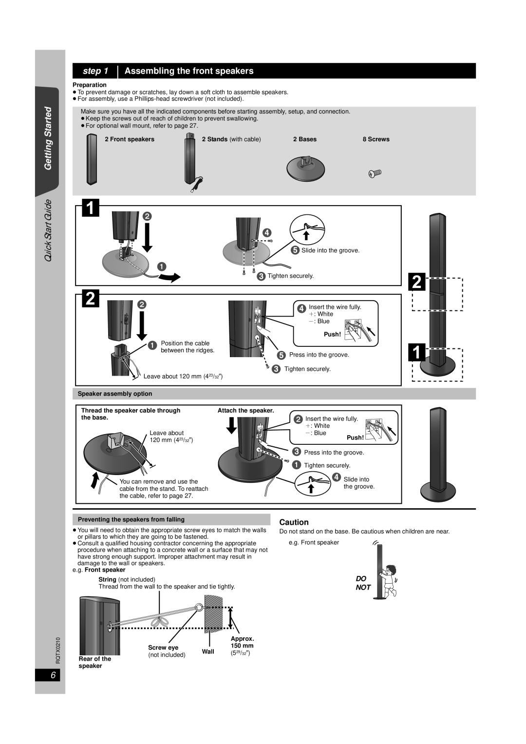 Panasonic SC-PT670, SC-PT673 manual Quick Start Guide Getting Started, step, Assembling the front speakers, Do Not 