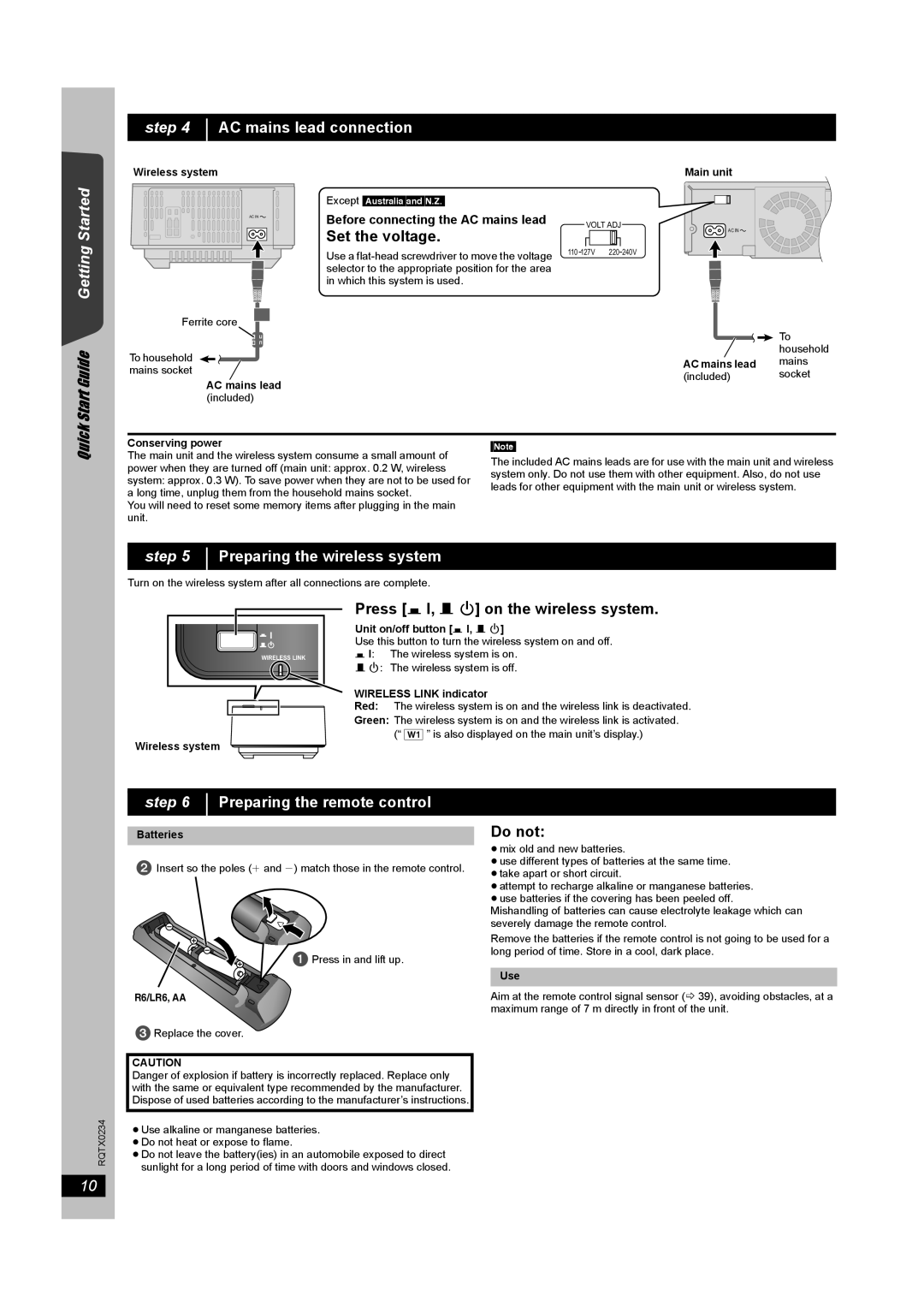 Panasonic SC-PT875 Step AC mains lead connection Start Guide Getting Started, Set the voltage, Do not 