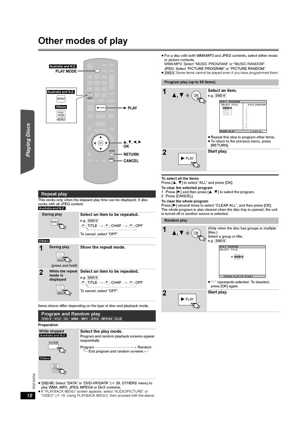 Panasonic SC-PT875 operating instructions Other modes of play, Repeat play, Program and Random play 