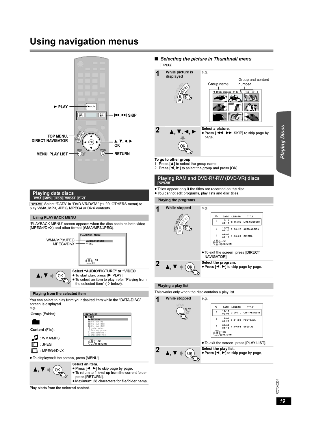 Panasonic SC-PT875 Using navigation menus, Playing data discs, Playing RAM and DVD-R/-RW DVD-VR discs 