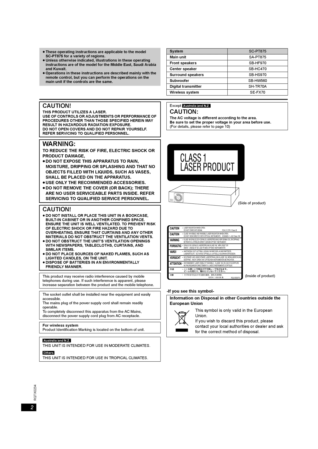 Panasonic SC-PT875 operating instructions SH-TR70A, SE-FX70 