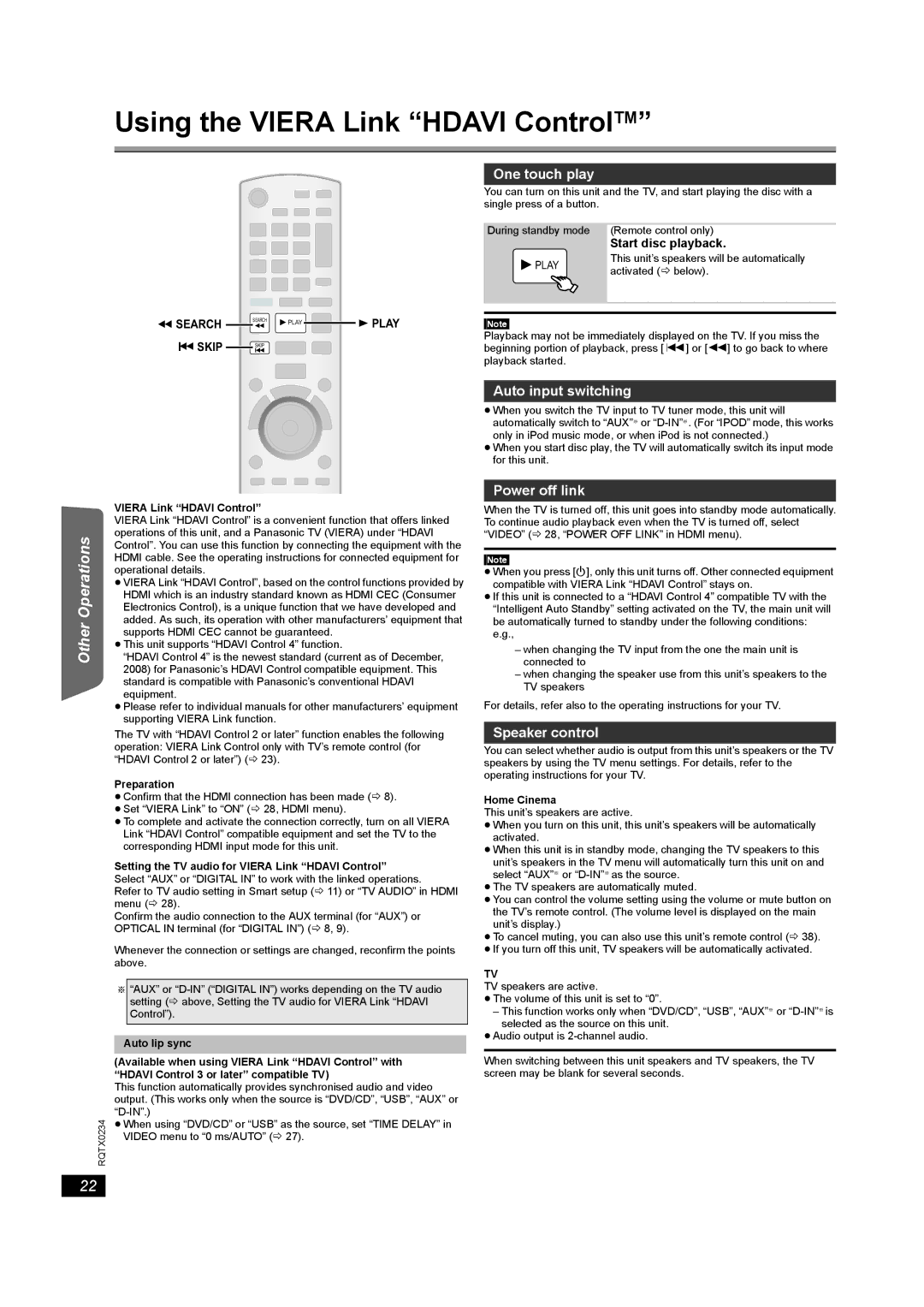 Panasonic SC-PT875 Using the Viera Link Hdavi ControlTM, One touch play, Auto input switching, Power off link 