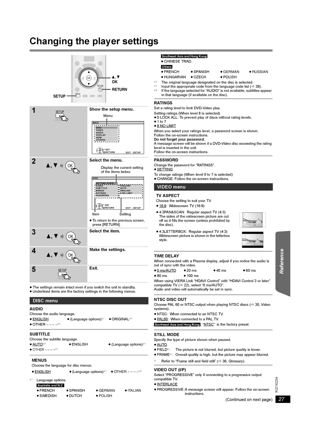 Panasonic SC-PT875 operating instructions Changing the player settings, Video menu, Disc menu 