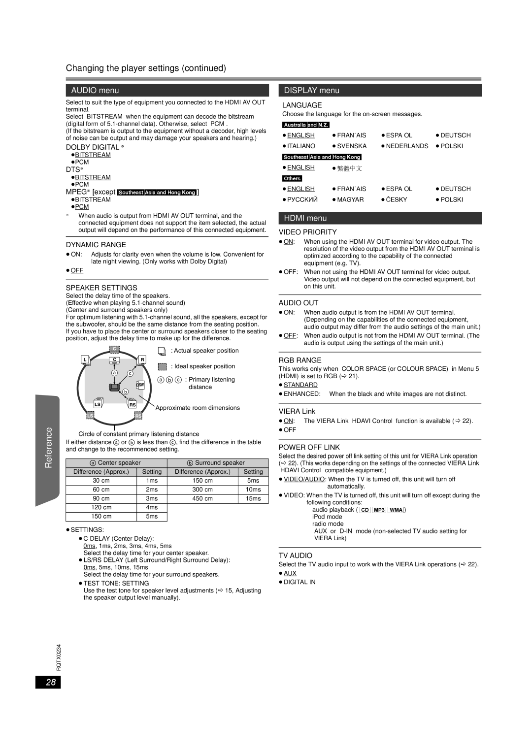 Panasonic SC-PT875 operating instructions Changing the player settings, Audio menu, Display menu, Hdmi menu 